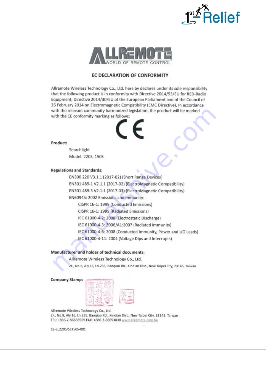 1st-Relief 150S Series Manual Download Page 9