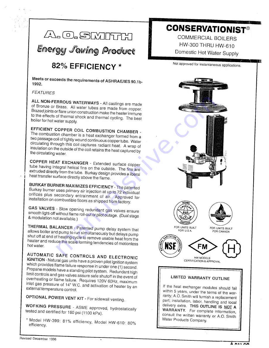 A.O. Smith HW 300 THRU HW 610 Скачать руководство пользователя страница 1