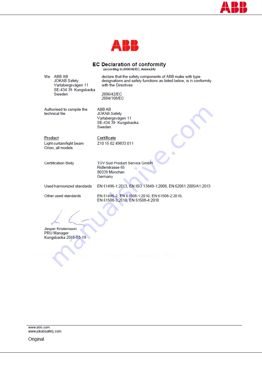 ABB Orion1 Base Original Instructions Manual Download Page 41