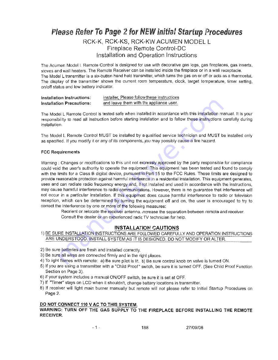 Acumen RCK-K L Installation And Operation Instructions Download Page 1