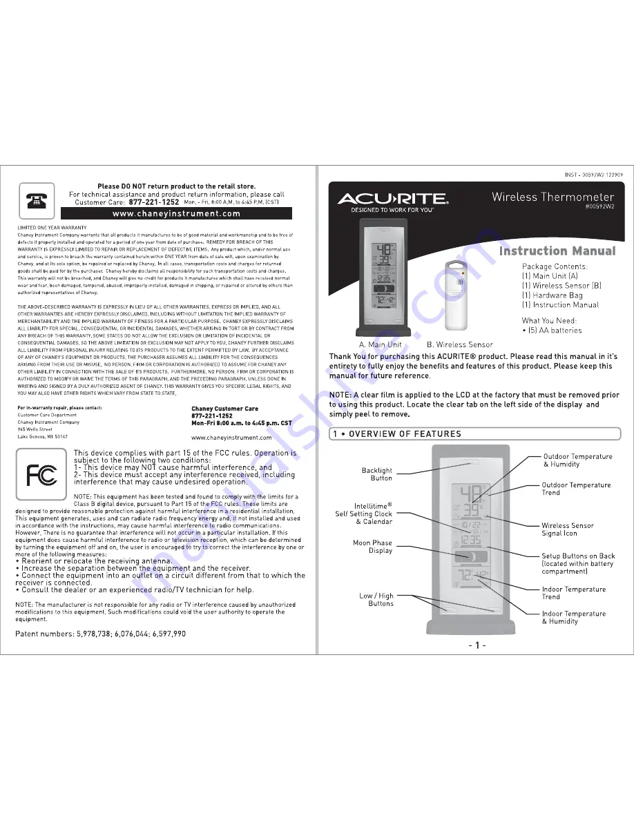 AcuRite 00592W2 Instruction Manual Download Page 1