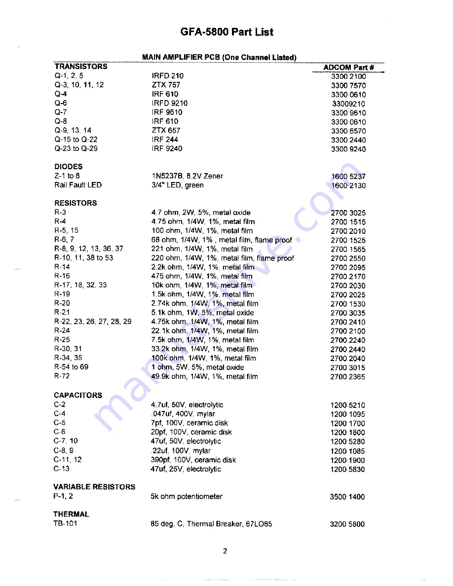 Adcom GFA-5800 Service Manual Download Page 3