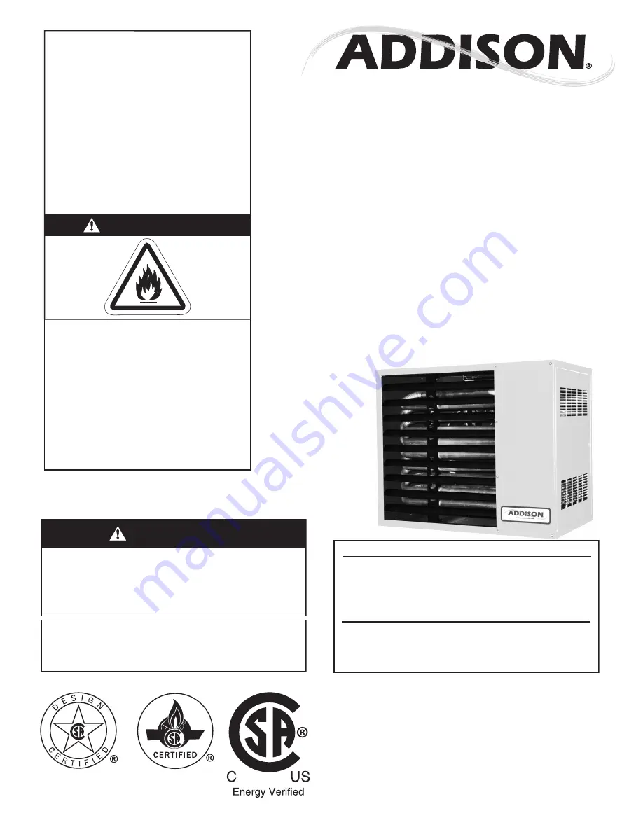 Addison UHA 150 Installation, Operation & Service Manual Download Page 1