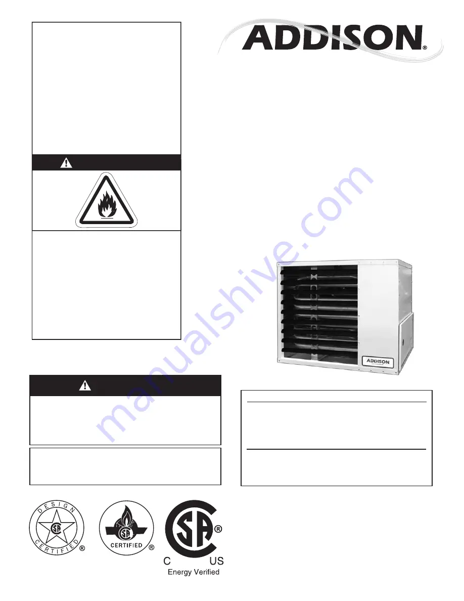 Addison UHAS 150 Installation, Operation & Service Manual Download Page 1