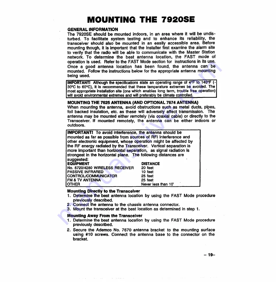 ADEMCO 7920SE Installation Instructions Manual Download Page 19