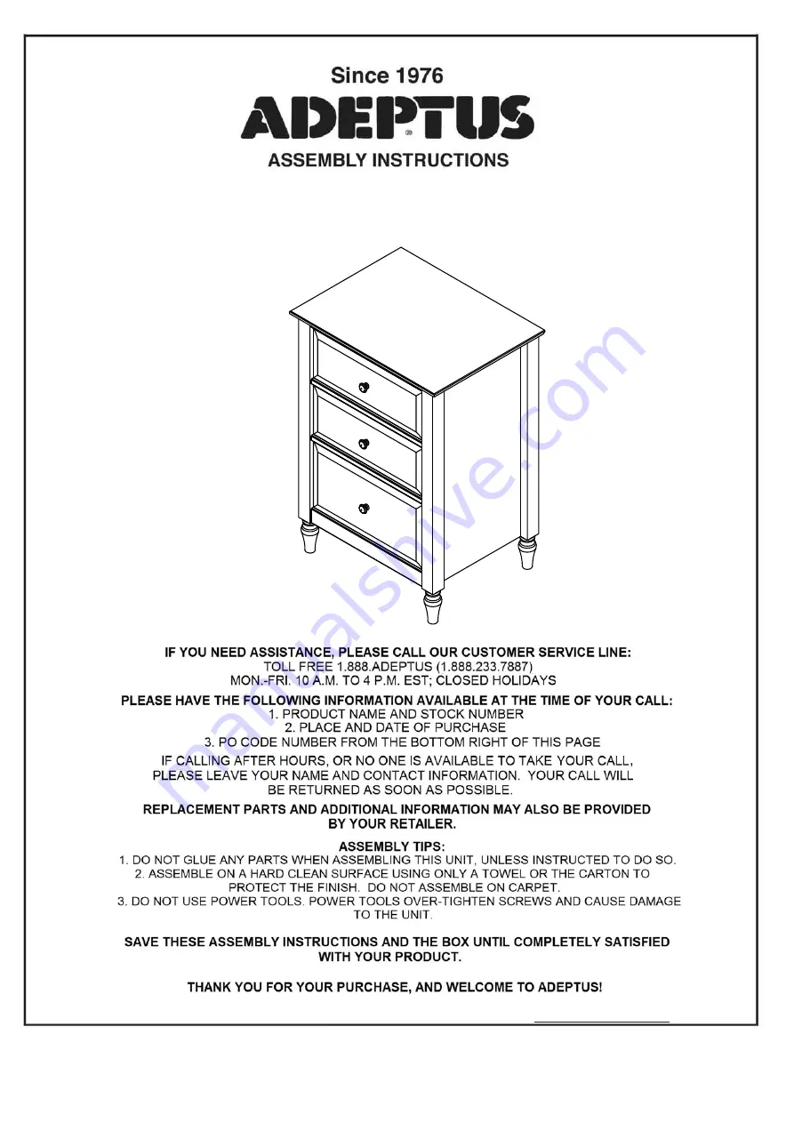 adeptus Cottage 3 Drawer End Table 78102 Assembly Instructions Manual Download Page 1