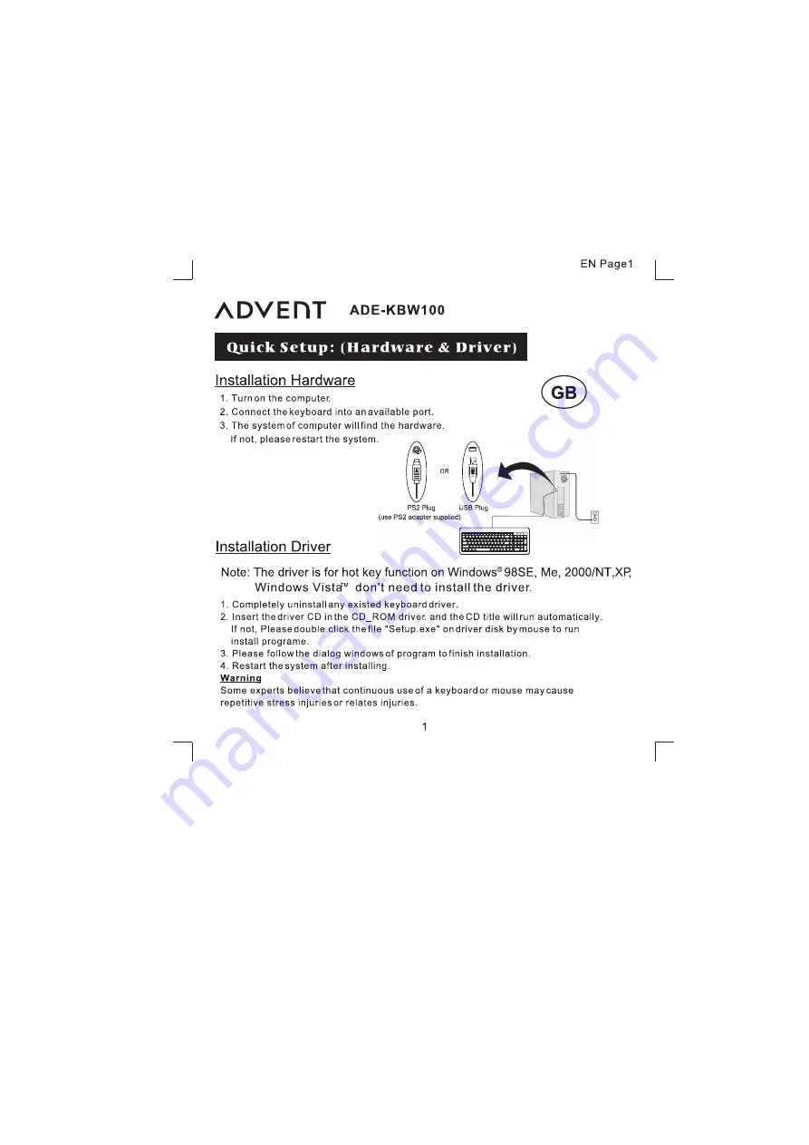 Advent ADE-KBW100 User Manual Download Page 2