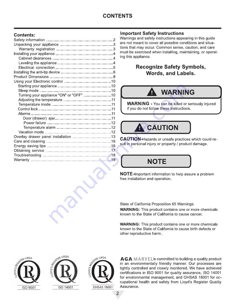 AGA marvel ML24RD Installation, Operation And Maintenance Instructions Download Page 2