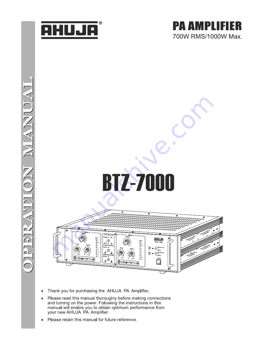 Ahuja BTZ-7000 Скачать руководство пользователя страница 1