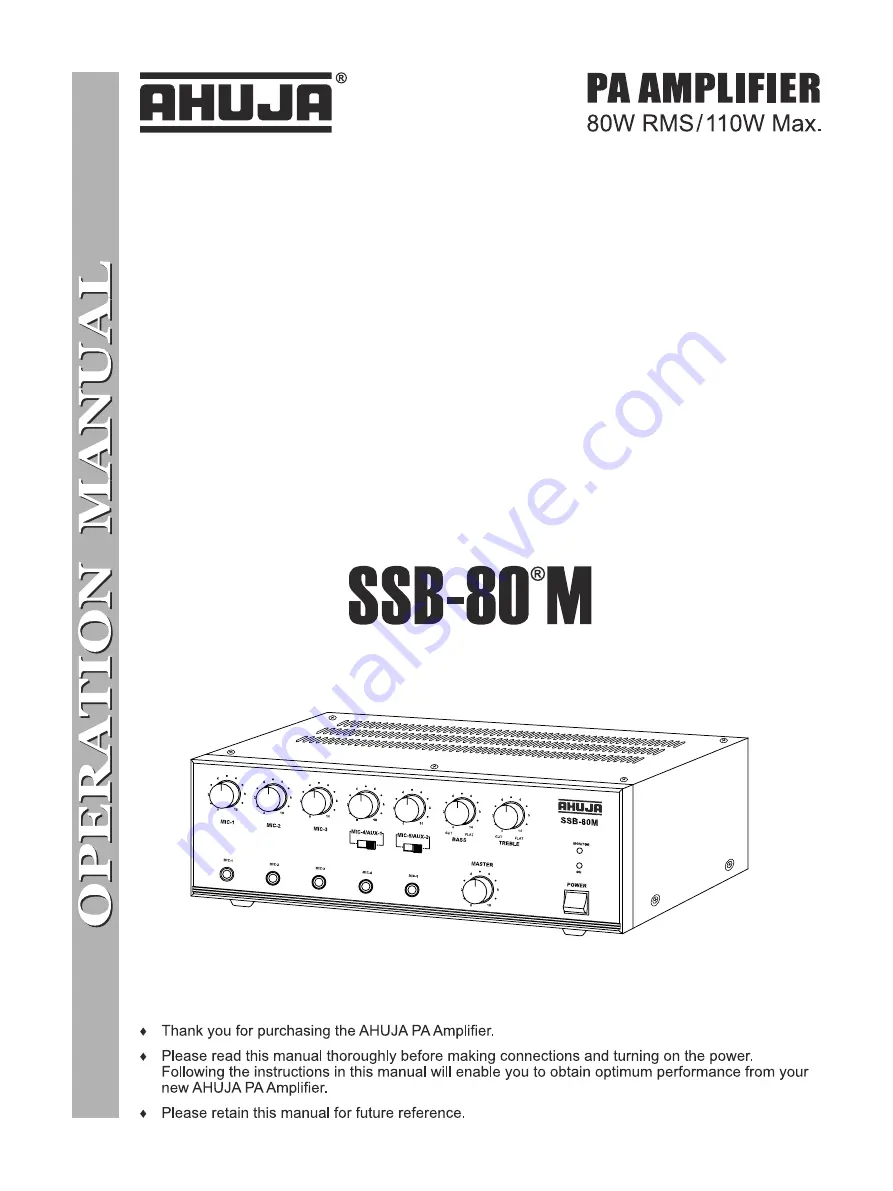 Ahuja SSB-80 M Installation Manual Download Page 1