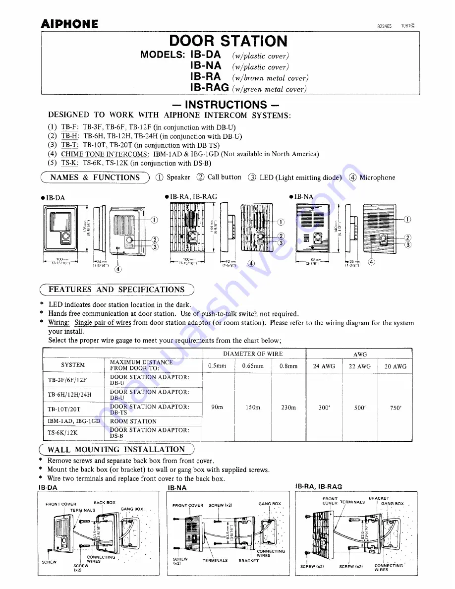 Aiphone IB-DA Instructions Download Page 1