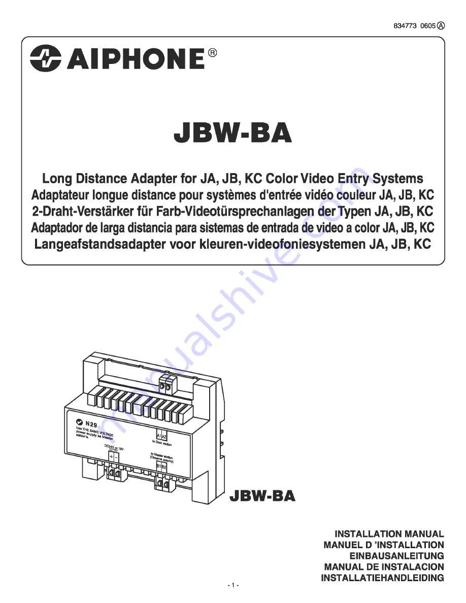 Aiphone JBW-BA Installation Manual Download Page 1