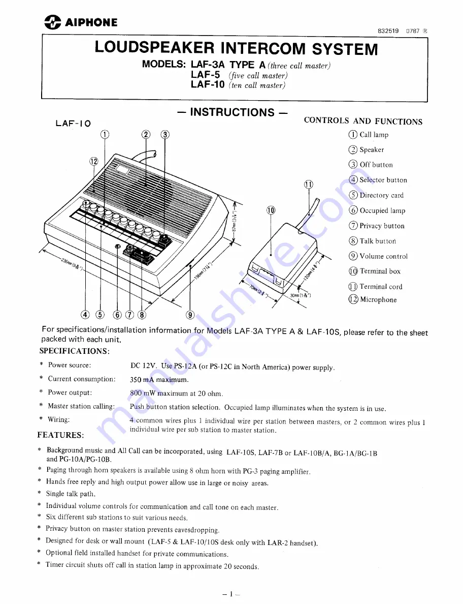 Aiphone LAF-10 Instructions Manual Download Page 1