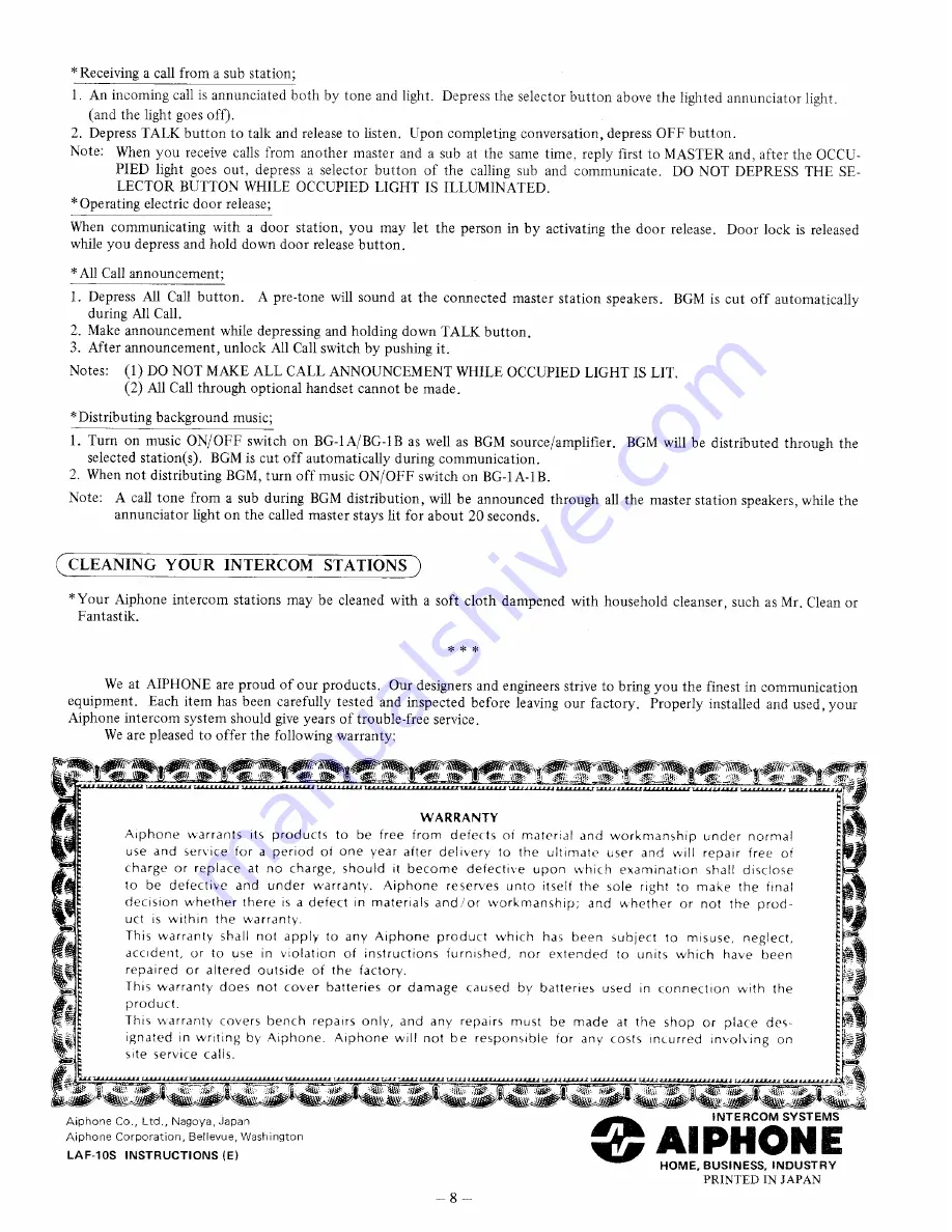 Aiphone LAF-10S Instructions Manual Download Page 8