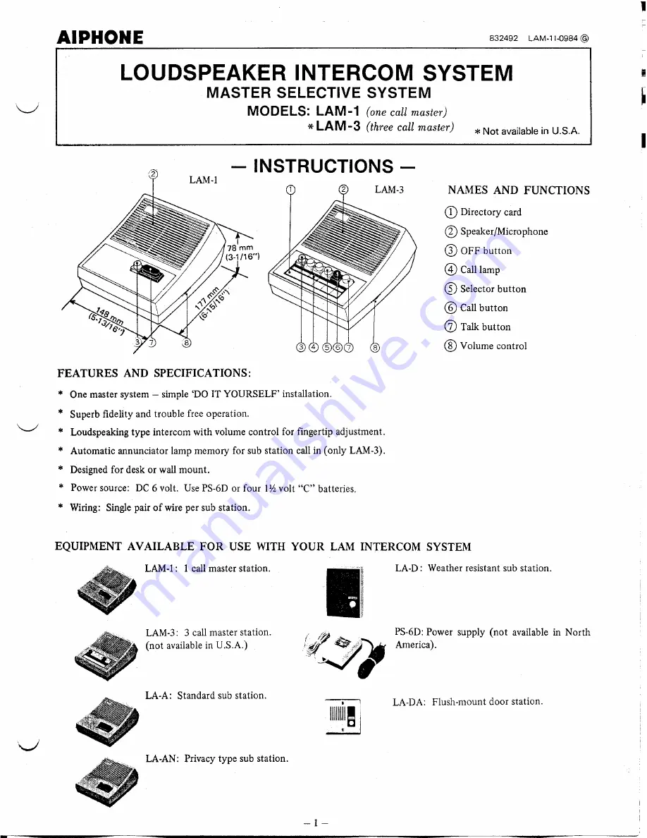 Aiphone LAM-1 Скачать руководство пользователя страница 1