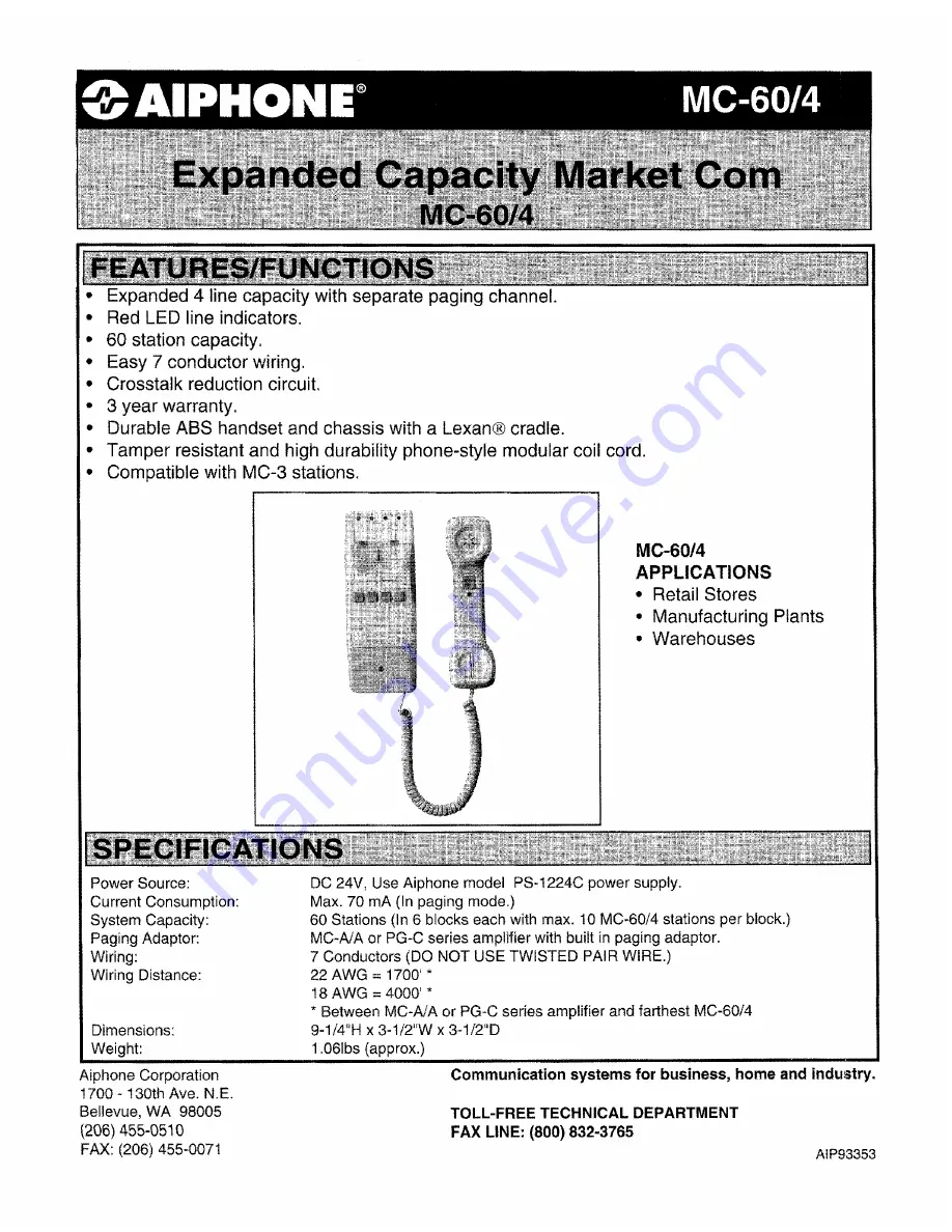 Aiphone MC-60/4 Specifications Download Page 1