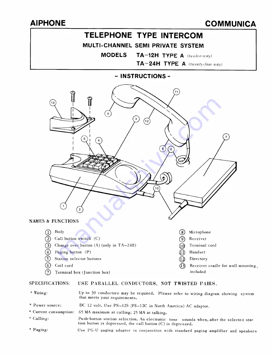 Aiphone TA-24H Instructions Manual Download Page 1