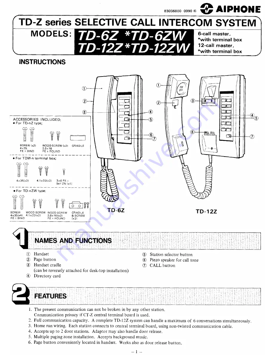 Aiphone TD-12Z Instructions Manual Download Page 1