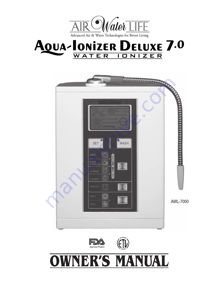 Air Water Life Aqua-Ionizer Deluxe 7.0 Owner'S Manual Download Page 1