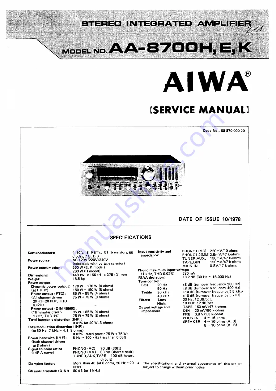 Aiwa 8700 - SERVICE Service Manual Download Page 1