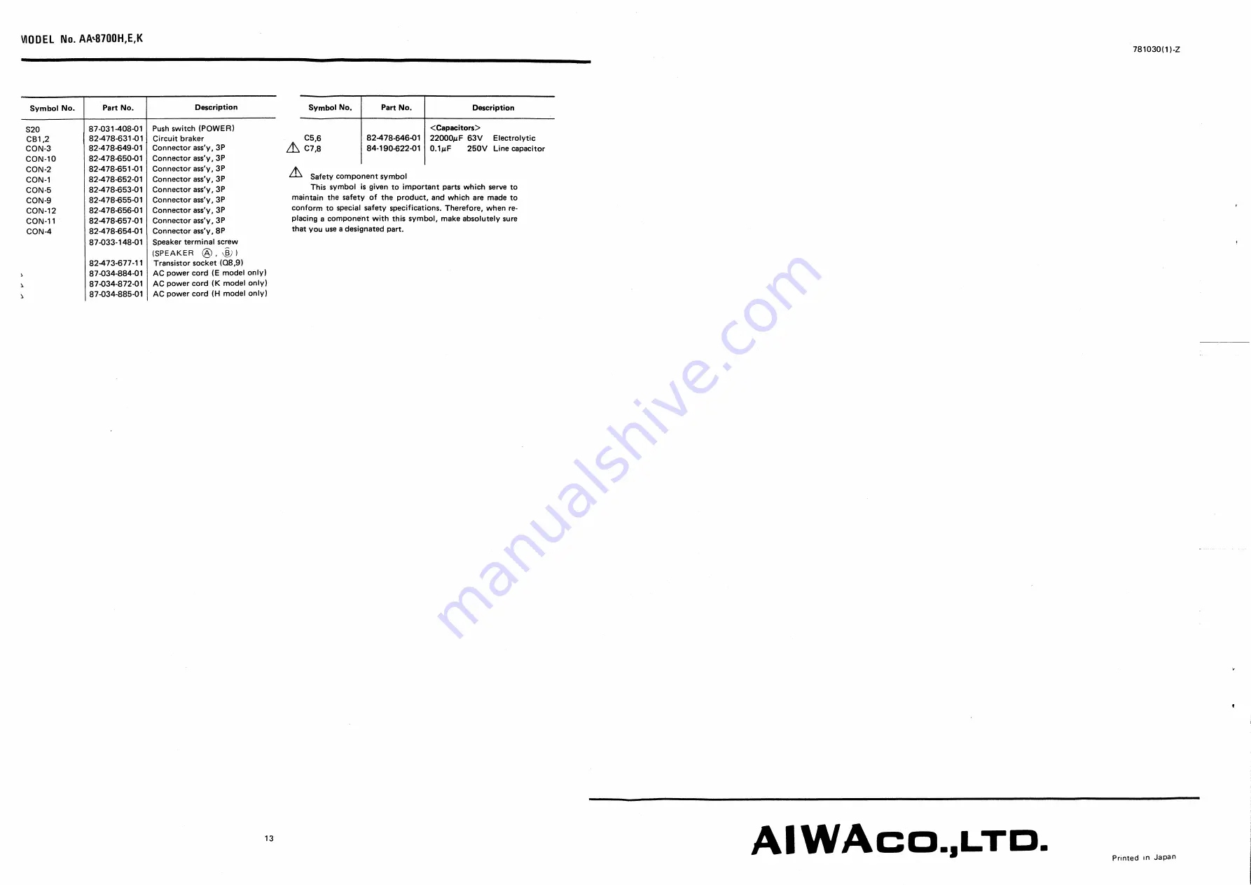 Aiwa 8700 - SERVICE Скачать руководство пользователя страница 20