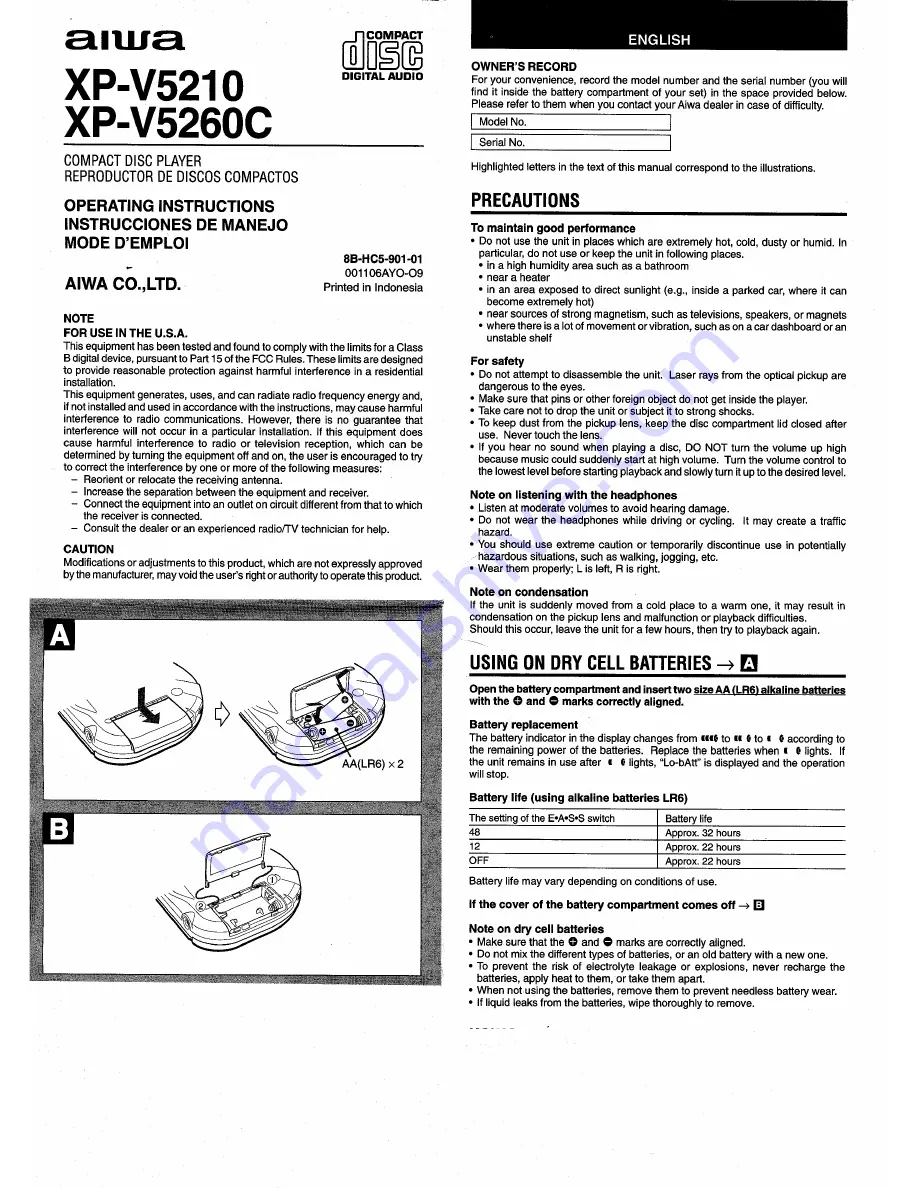 Aiwa XP-V5210 Operating Instructions Manual Download Page 1