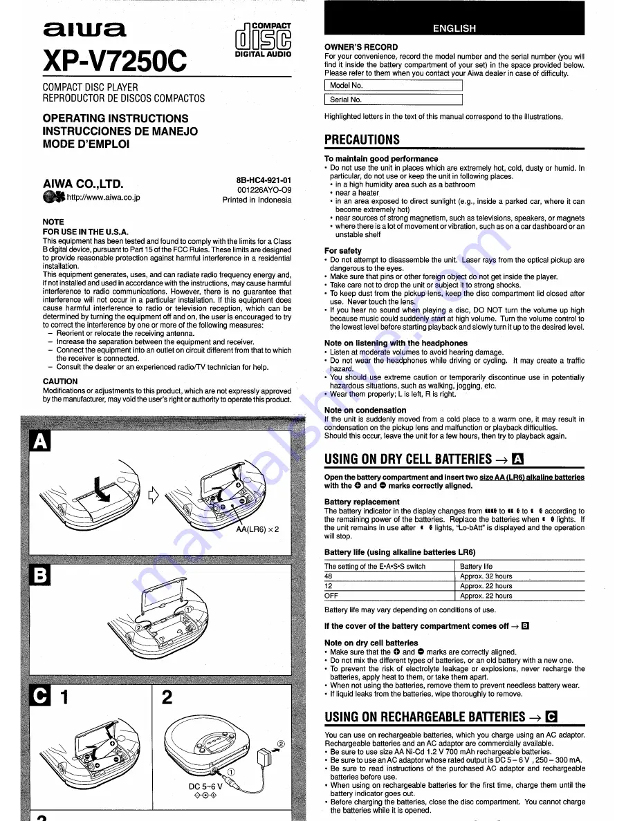 Aiwa XP-V7250C Operating Instructions Manual Download Page 1