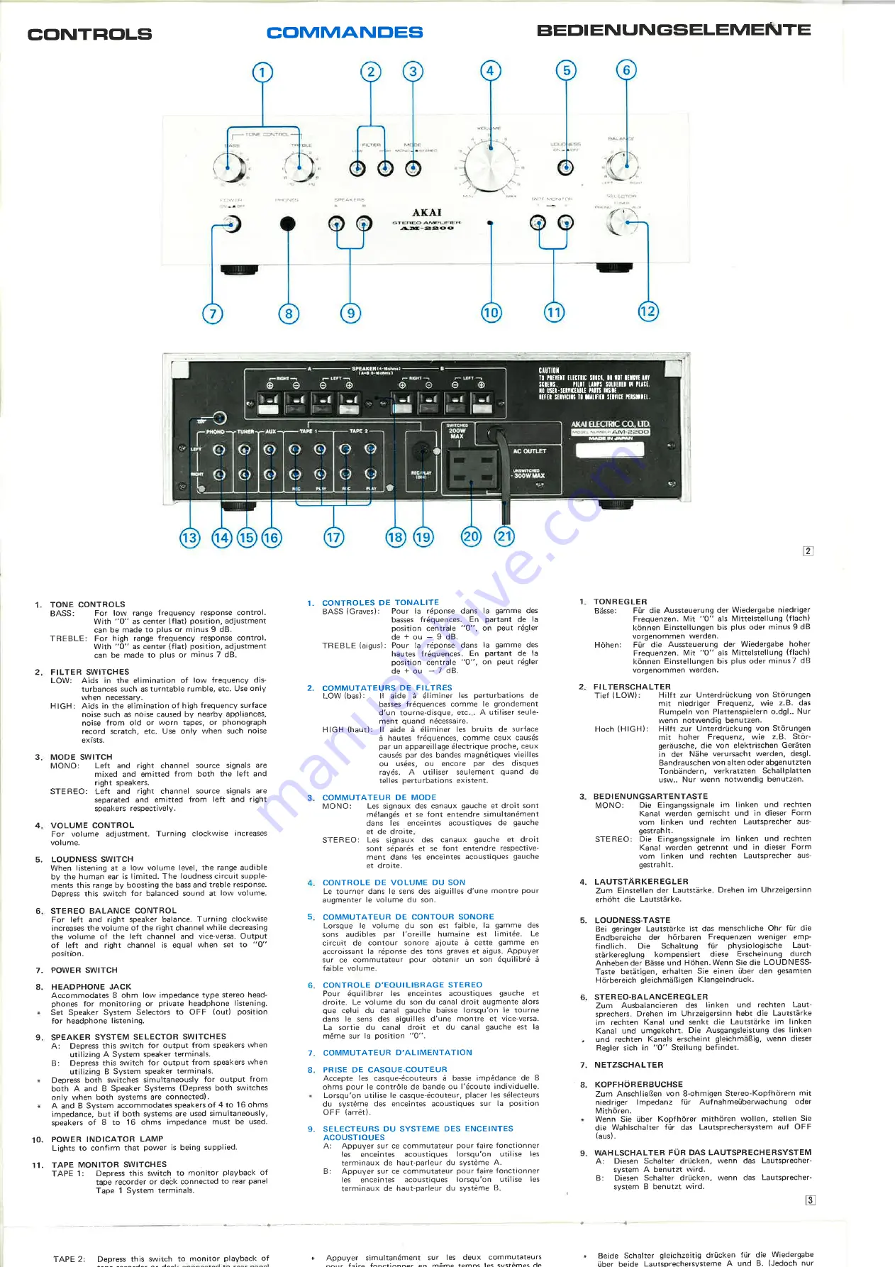 Akai AM-2200 Operator'S Manual Download Page 3