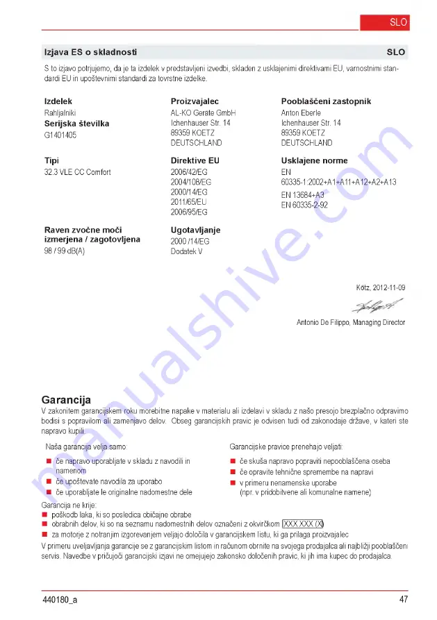 AL-KO Combi Care 32.3 VLE Comfort Operating Instructions Manual Download Page 47