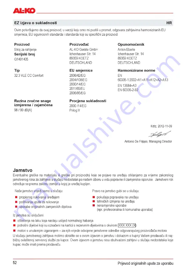 AL-KO Combi Care 32.3 VLE Comfort Operating Instructions Manual Download Page 52