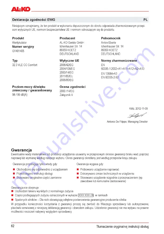 AL-KO Combi Care 32.3 VLE Comfort Operating Instructions Manual Download Page 62