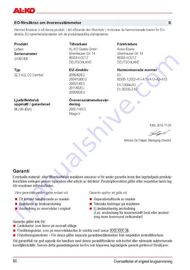 AL-KO Combi Care 32.3 VLE Comfort Operating Instructions Manual Download Page 86