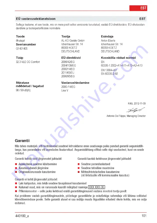 AL-KO Combi Care 32.3 VLE Comfort Operating Instructions Manual Download Page 101