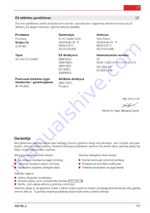 AL-KO Combi Care 32.3 VLE Comfort Operating Instructions Manual Download Page 111