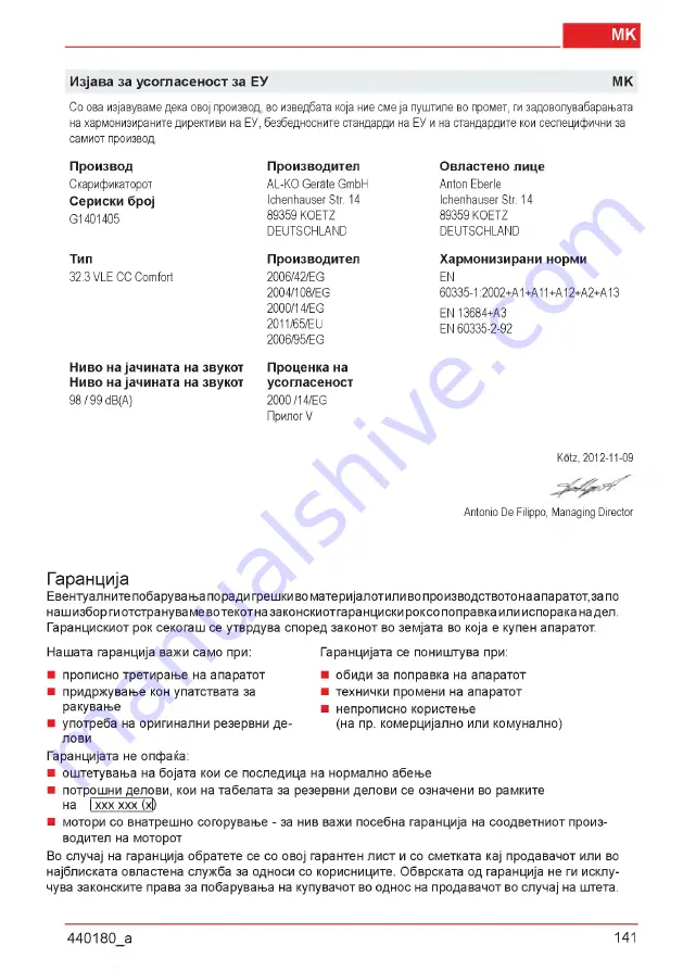 AL-KO Combi Care 32.3 VLE Comfort Operating Instructions Manual Download Page 141