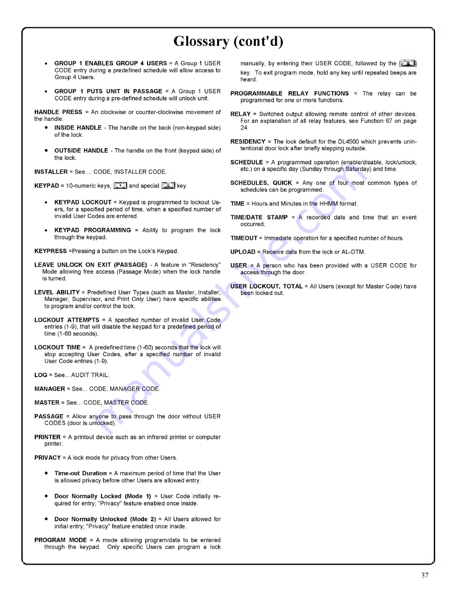 Alarm Lock Trilogy DL4100 Series Programming Instructions Manual Download Page 37