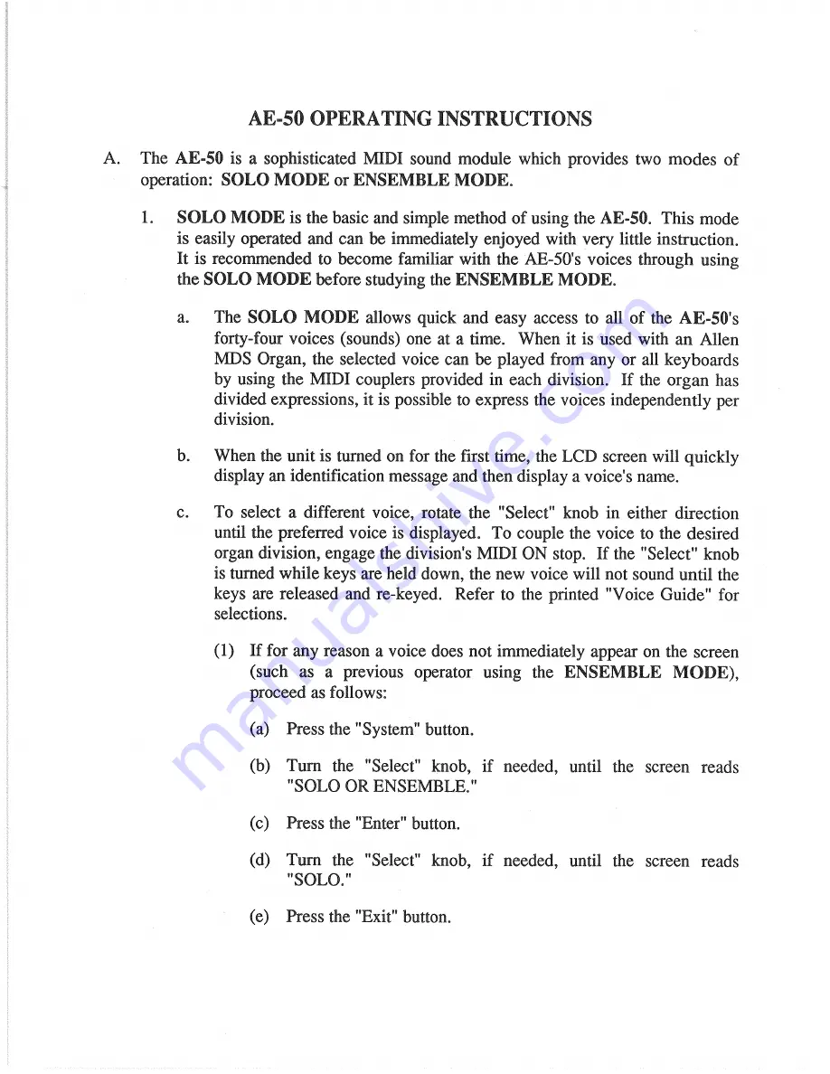 Allen Organ Company AE-50 Operating Instructions Manual Download Page 4