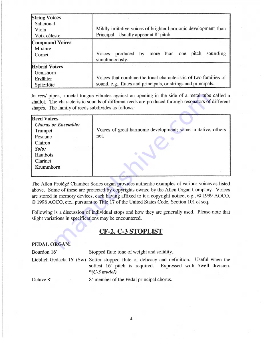 Allen Organ Company Protege C-3 Owner'S Manual Download Page 4