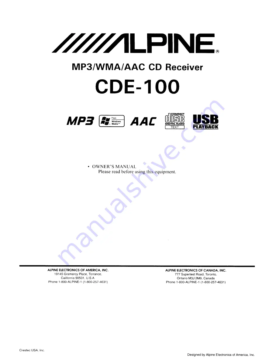 Alpine CDE-100 Скачать руководство пользователя страница 1