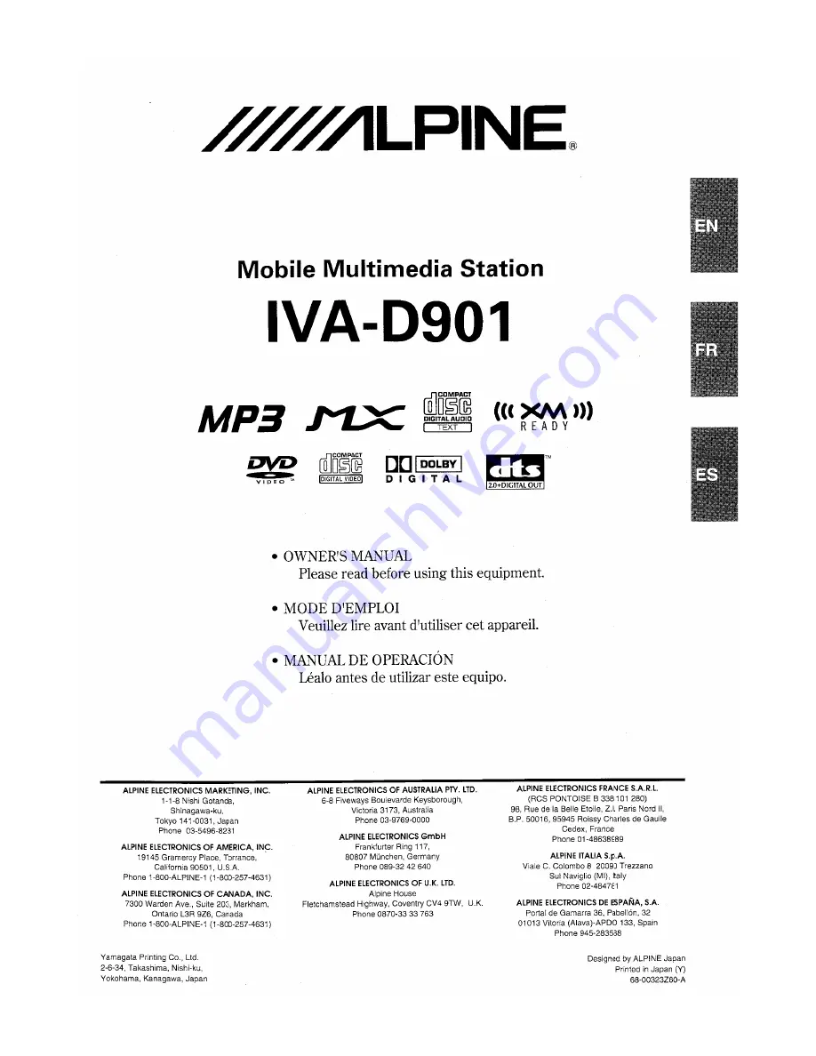 Alpine IVA-D901 Owner'S Manual Download Page 1