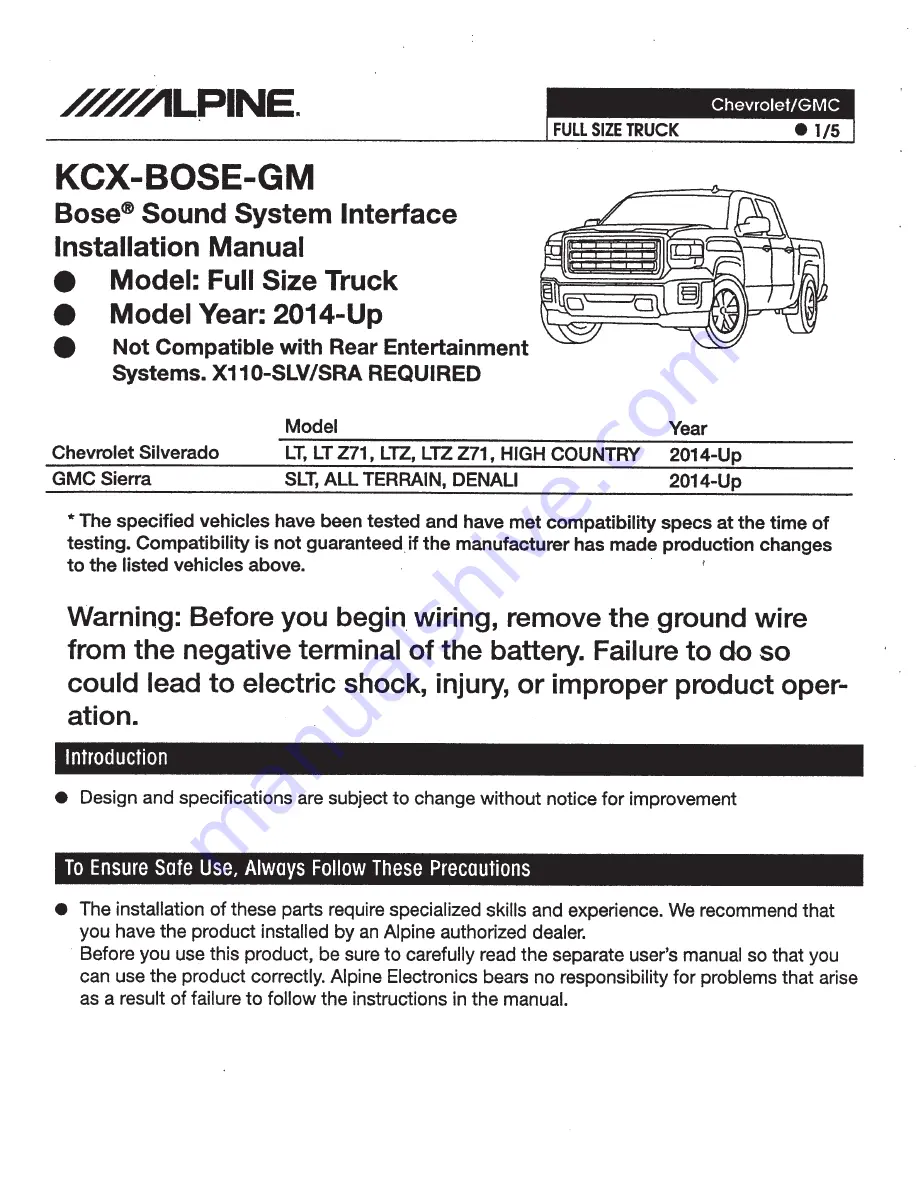 Alpine KCX-BOSE-GM Installation Manual Download Page 1