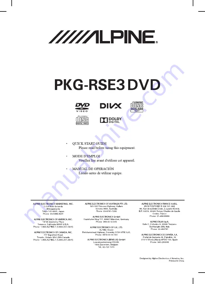 Alpine PKG-RSE3DVD Quick Start Manual Download Page 1