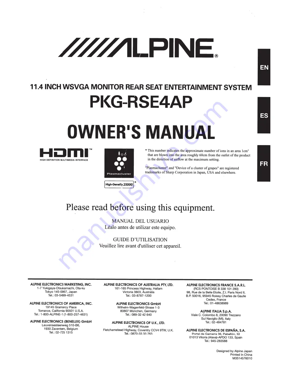 Alpine PKG-RSE4AP Скачать руководство пользователя страница 1