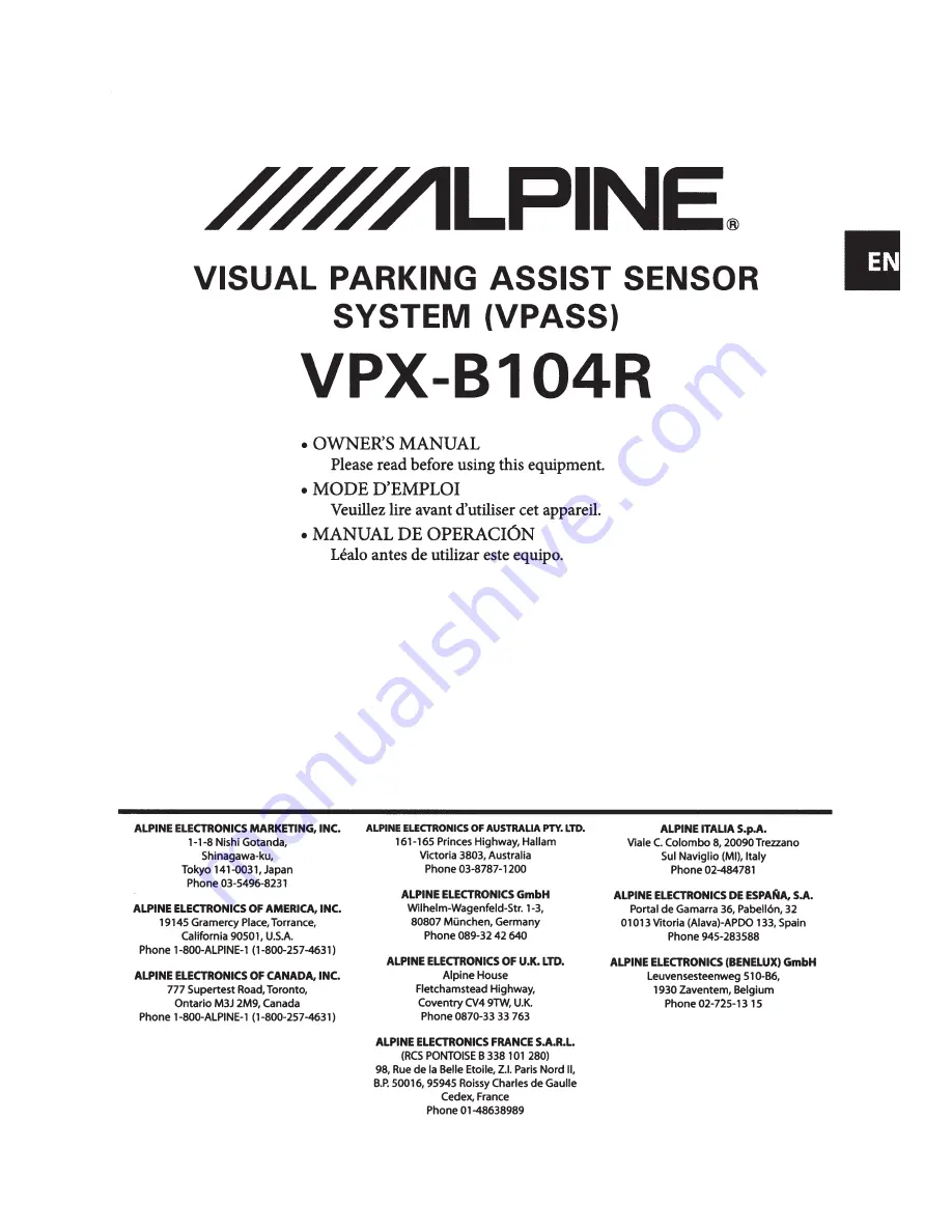 Alpine VPX-B104R Owner'S Manual Download Page 1