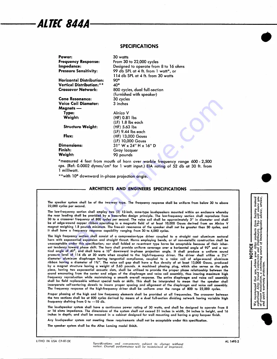 Altec Lansing 844A SPEAKER SYSTEM Manual Download Page 2