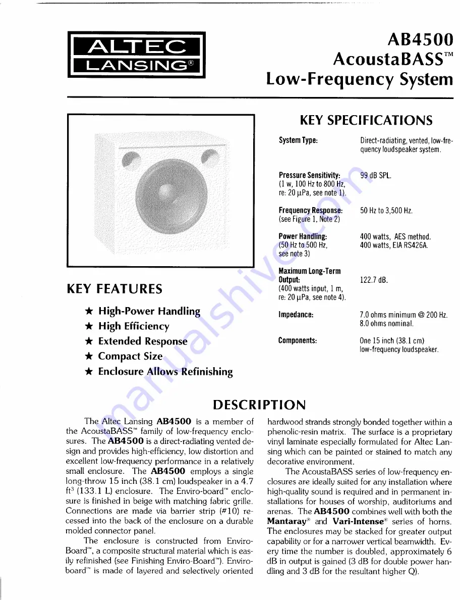 Altec Lansing AB4500 LF SPEAKER SYSTEM Manual Download Page 1