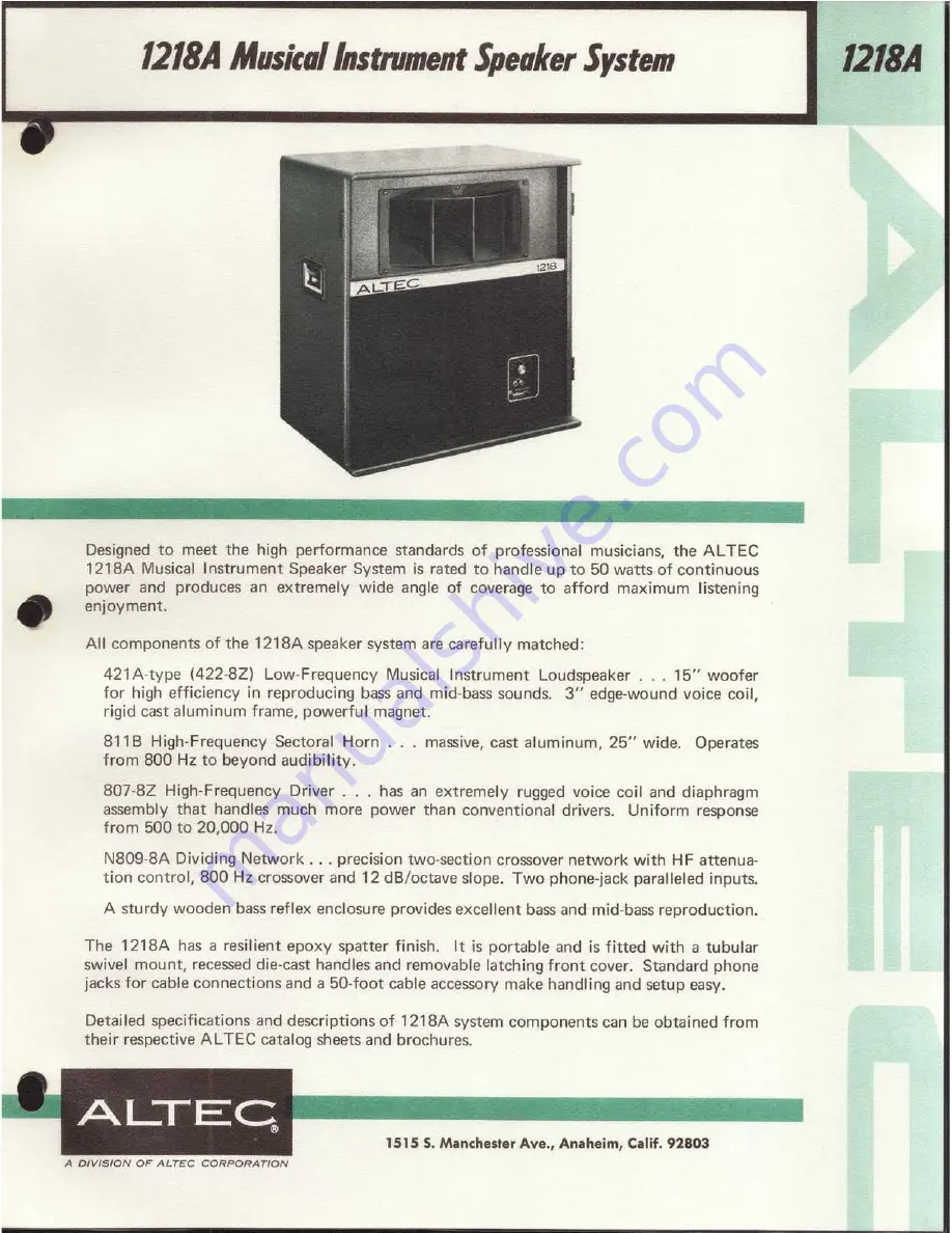 Altec 1218A Specification Sheet Download Page 1