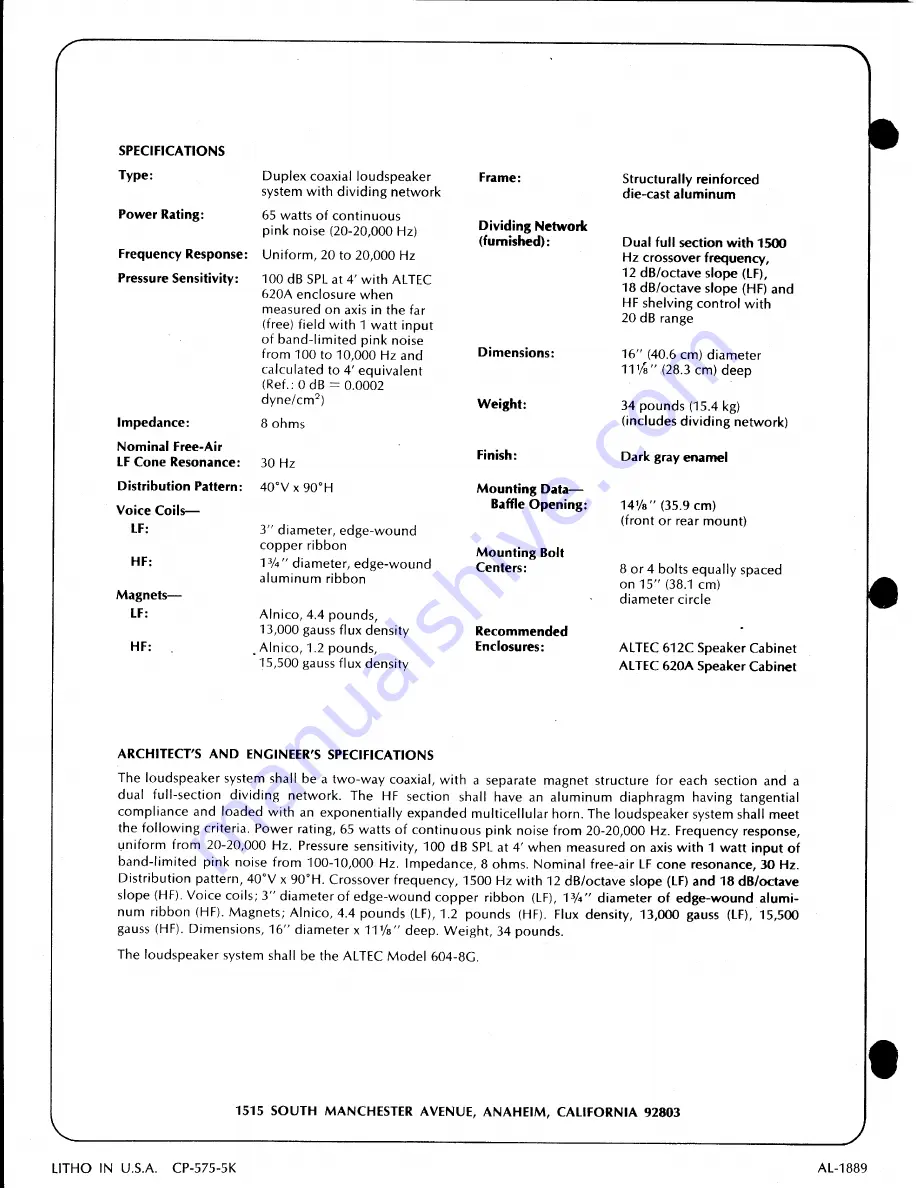 Altec 604G DUPLEX SPEAKER Manual Download Page 2