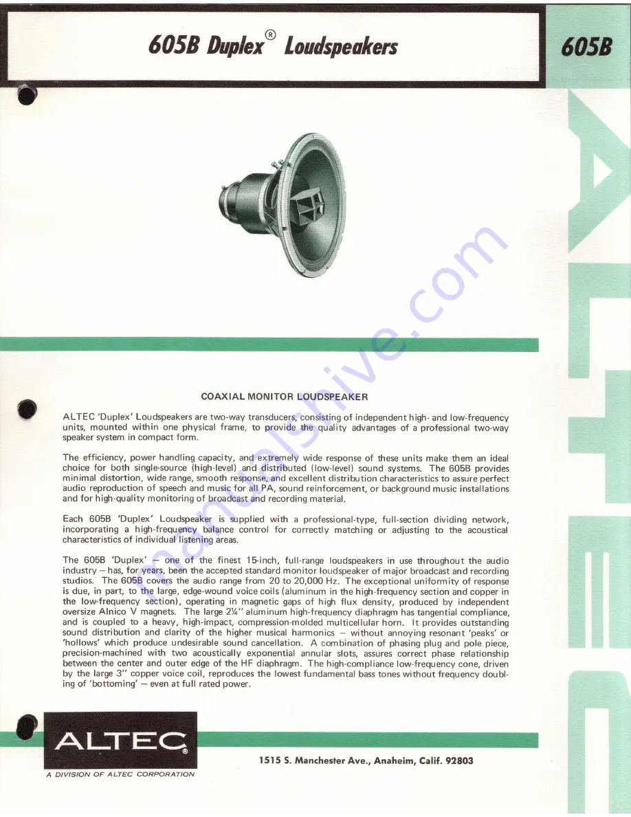 Altec 605B Specification Sheet Download Page 1