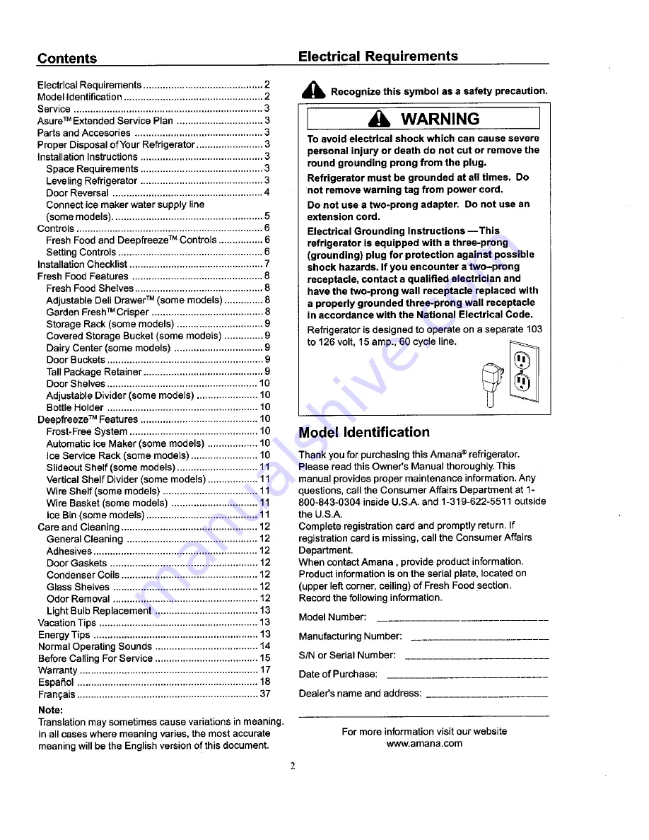 Amana BX518V Owner'S Manual Download Page 2